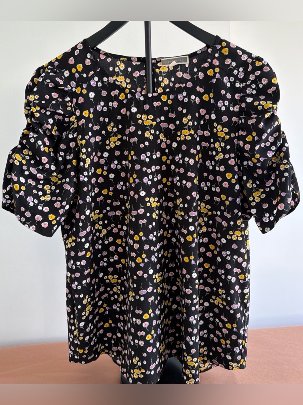 Pleione Floral Puff Sleeve Blouse XL Black Ditsy Floral Top